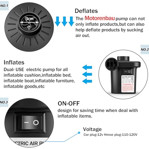 Motorenbau Electric Air Pump for Inflatables - 110V AC/12V DC, 3 Nozzles
