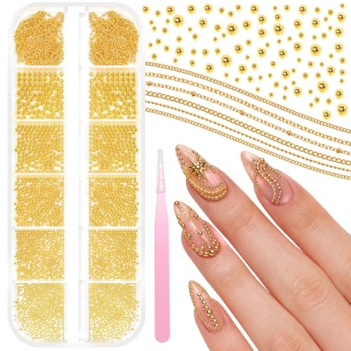 Gold Caviar Beads & Nail Chains Kit for Acrylic Nails - 0.8-2mm