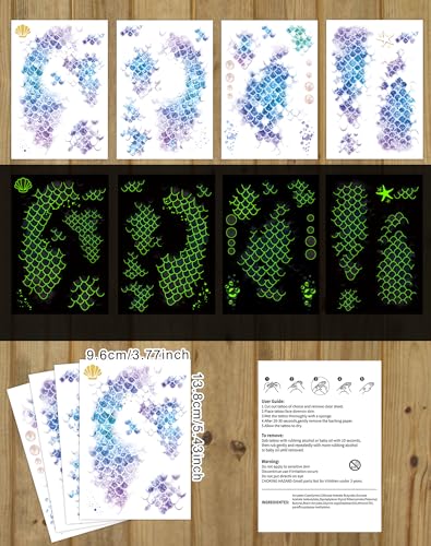 Ulmisfee Halloween 16 Sheets Luminous Mermaid Scale Temporary Tattoos – Glow in the Dark Mermaid Party Favors (Medium)