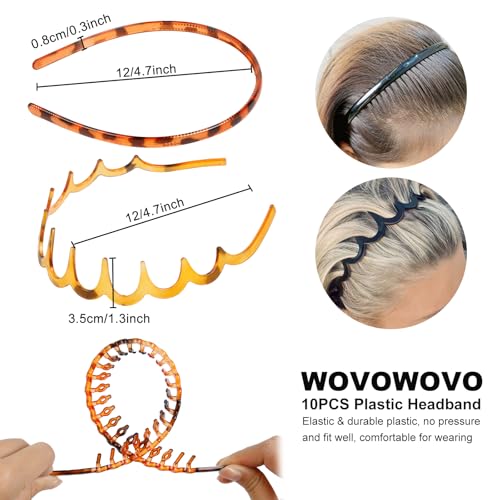 10 Pack Black & Brown Plastic Hair Bands with Teeth - Non Slip Zig Zag & Thin Styles for Women & Teens