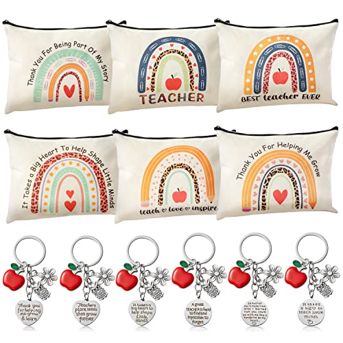 12pc Teacher Appreciation Gift Set: Boho Rainbow Makeup Bags & Keychains