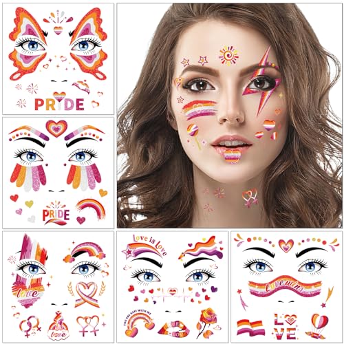 HOWAF 12pcs LGBTQ Pride Glitter Face Tattoos for Pride Month & Parades