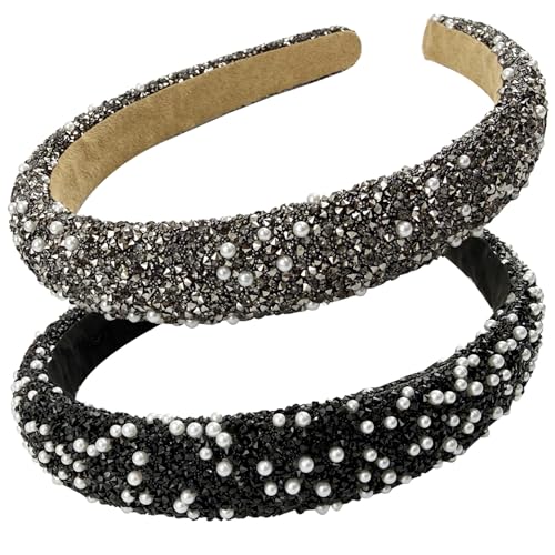 GIYAWA 2 Pieces Rhinestone & Pearl Headbands Black & Grey Wide Elegant Hair Accessories for Women