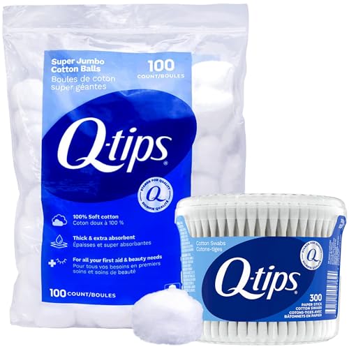 Q-tips Cotton Swabs (300 Count) & Jumbo Cotton Balls (100 Count) - 100% Cotton for Beauty & First Aid