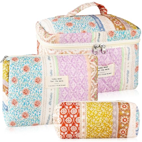 URSKYTOUS 3-Piece Floral Quilted Makeup Bag Set with Travel Organizer - Large & Small Cosmetic Pouches for Women, Portable Toiletry Bags, Cute Aesthetic Design