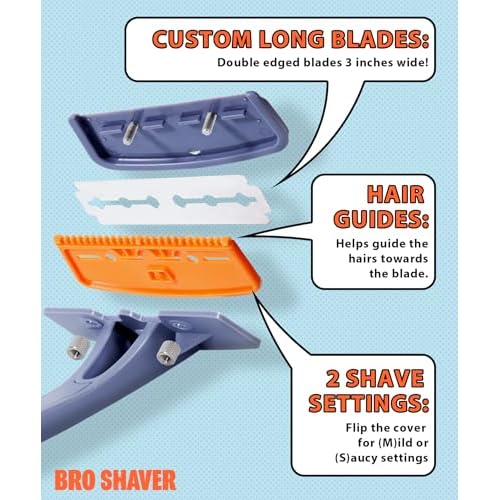 BRO SHAVER 3.0 +6 Blades, Back Shaver for Men (DIY) Back & Body Hair Trimmer. Shave Wet or Dry. Uses Double Edge Razor Blades. Ergonomic Handle, Includes Blades