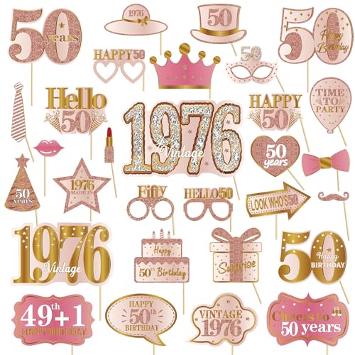 50th Birthday Photo Booth Props Kit - 30 Pcs Pink Rose Gold Decorations