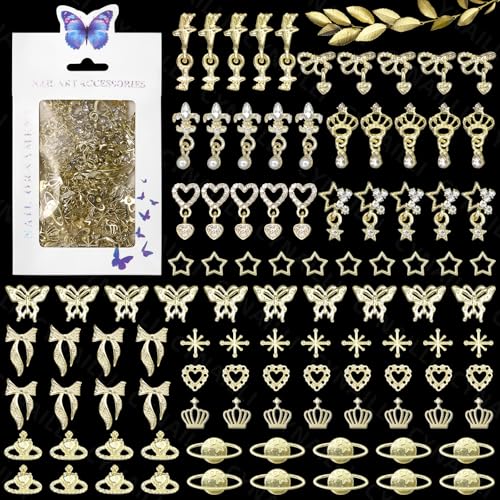 Cynailli 110 Pcs Gold Nail Charms & Gems Set - S1 Color Dangle Star Heart Bow Jewelry Accessories