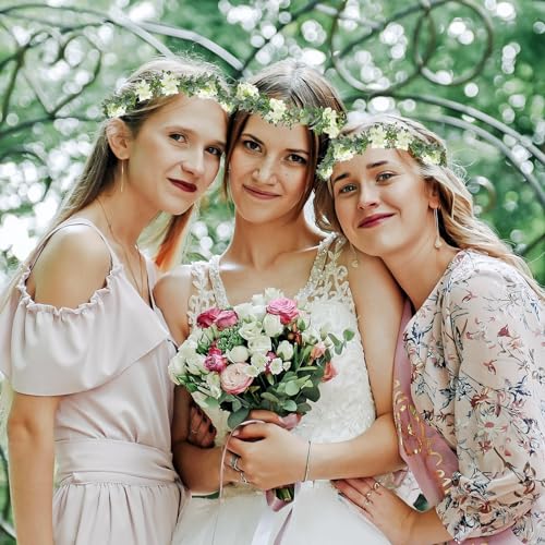 MEMOVAN White Bridal Green Leaf Flower Crown Adjustable Boho Headpiece