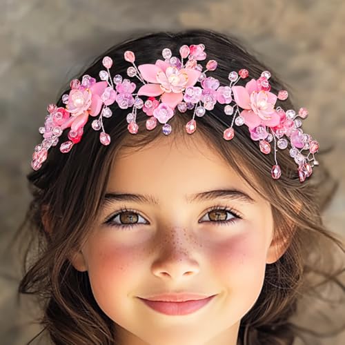 Urieo Pink Flower Crown Headband for Girls - Wedding Hair Accessory