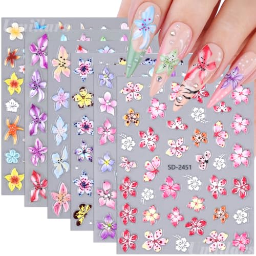 Hibiscus Flower Nail Stickers - 5D Embossed Floral Decals (6PCS)