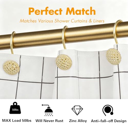 Pearlbee Gold Shower Curtain Hooks - 12 Heavy Duty Rustproof Zinc Alloy