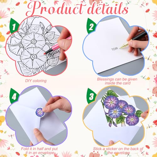 Gueevin 24-Piece Flower Coloring Greeting Cards Set with Envelopes