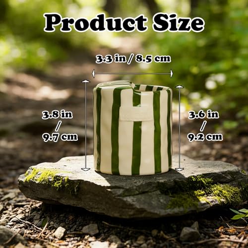 YETESON Retro Handmade Ceramic Travel Coffee Mug - 10oz Green & White Striped