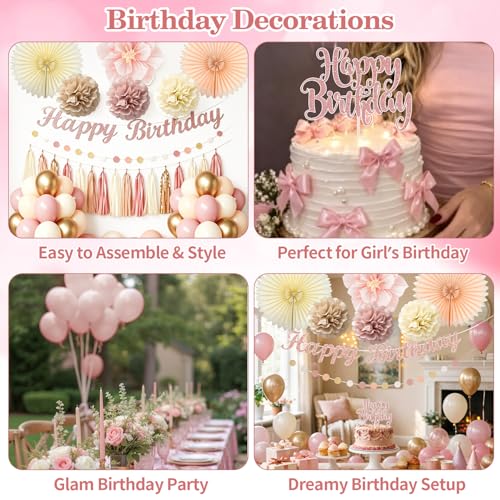 Boho Pink Birthday Decorations Set with Gold Balloons & Banner