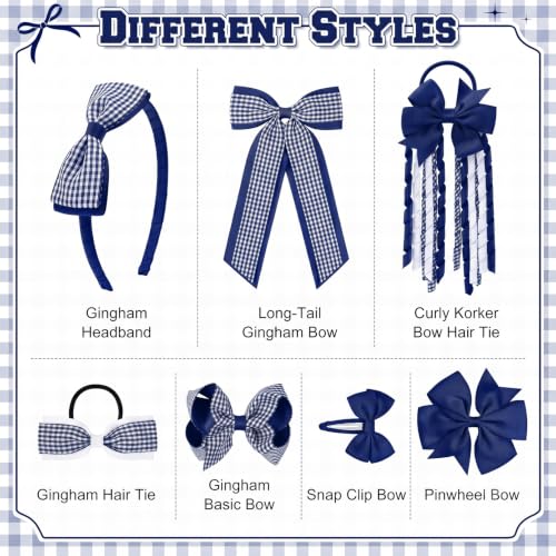 DEEKA 13-Piece Navy Blue Gingham School Hair Accessories Set for Girls