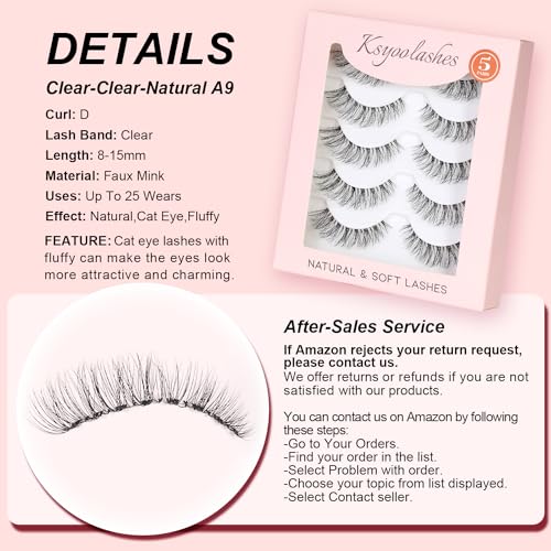 KSYOO Clear Natural A9 Wispy Cat Eye D Curl Fake Eyelashes 8-15mm Faux Mink