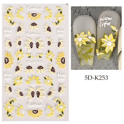 Puyokinm 5D Embossed Sunflower Nail Stickers Self-Adhesive Floral Summer Nail Decals for Women Girls 4 Sheets