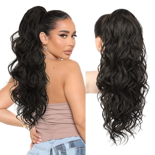 REECHO 24-Inch Dark Brown Ponytail Extension with Claw Clip & Drawstring, Wavy Hairpiece for Women