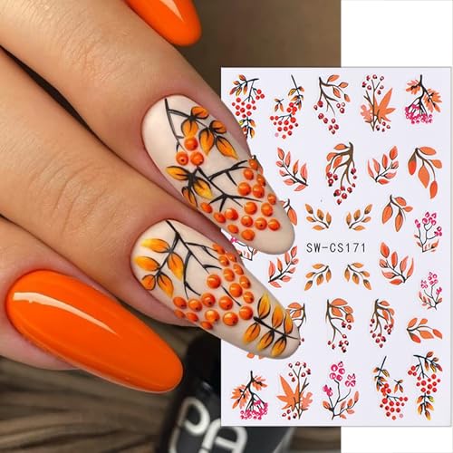 6 Sheets Fall Nail Art Stickers - 3D Self-Adhesive Floral Designs