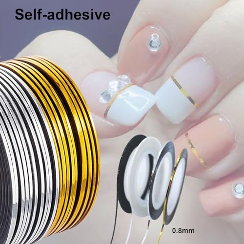 Hoiumlz 20 Pcs Gold Silver Black White Nail Art Striping Tape Line for Nails Decoration DIY