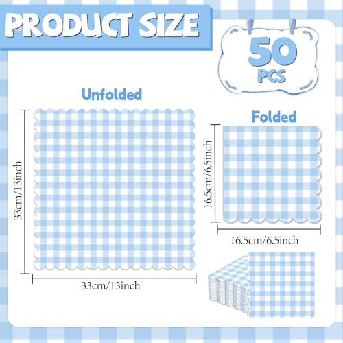 50Pcs Light Blue Plaid Scalloped Napkins - 6.5in Paper Party Supplies