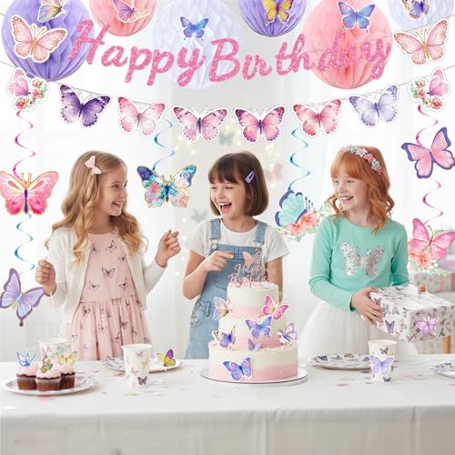 Butterfly Birthday Decorations Set - Purple Happy Birthday Banner & Cake Topper