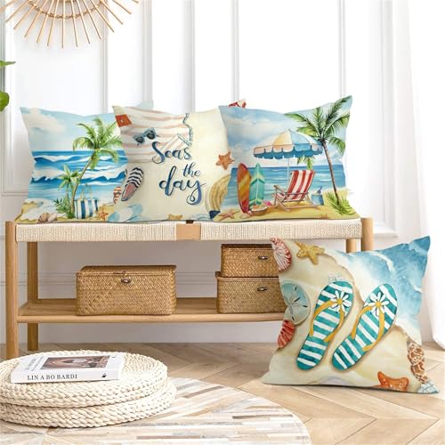 Seaside Palm Starfish Throw Pillow Covers - Set of 4, 18x18