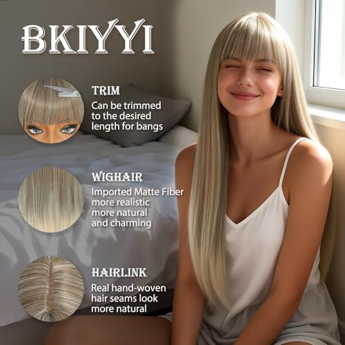 24in Ashy Blonde Straight Wig with Bangs for Women - Bkiyyi