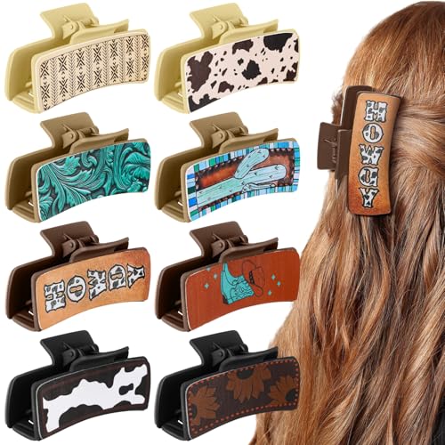 8 Stylish Western Leather Hair Claw Clips - Cow Print Design