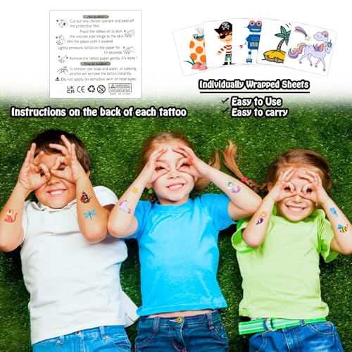 Kids Temporary Tattoos Pack - 204 Waterproof Fun Body Art Stickers