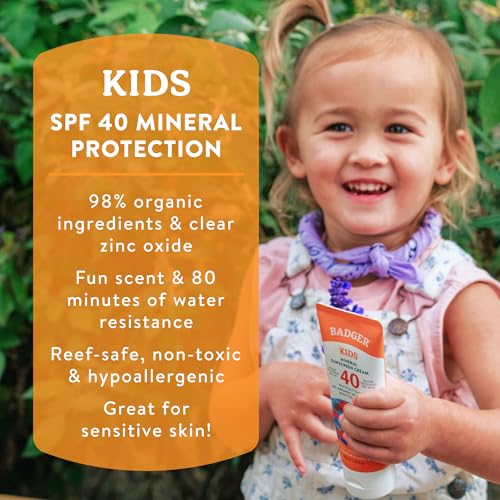 Badger Kids Mineral Sunscreen SPF 40 - Organic, Reef-Safe & Water Resistant