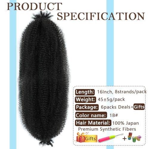Dlyoigr 16 Inch Pre-Separated Afro Twist Hair Extensions (Pack of 6) - 1B#