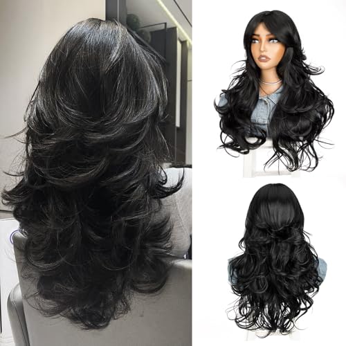 Black Layered Synthetic Wavy Curly Wig with Curtain Bangs for Women - 24 Inch, Cosplay & Daily Wear