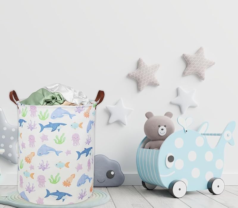ESSME Collapsible Fish Laundry Hamper - Waterproof Canvas Storage Bin for Nursery