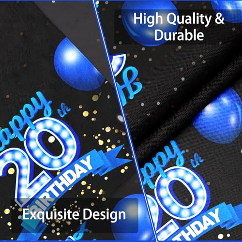 Happy 20th Birthday Tablecloth - Blue & Black Glitter Design, 53x108 inches