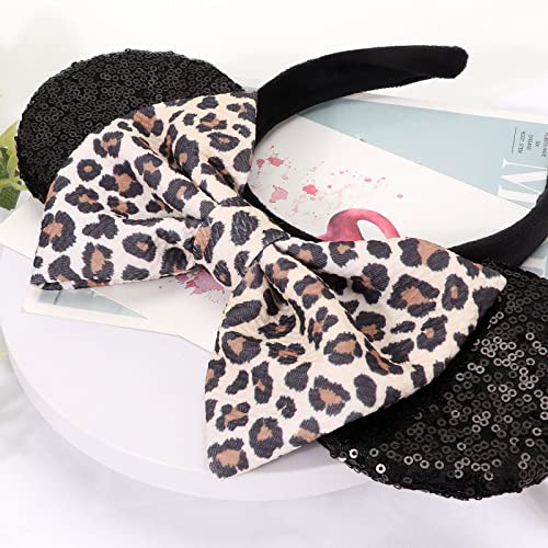 AQOKKA Mouse Ears Headbands with Bow - 3 Pcs Champagne, Black-Leopard Print, Gold-Deep Pink