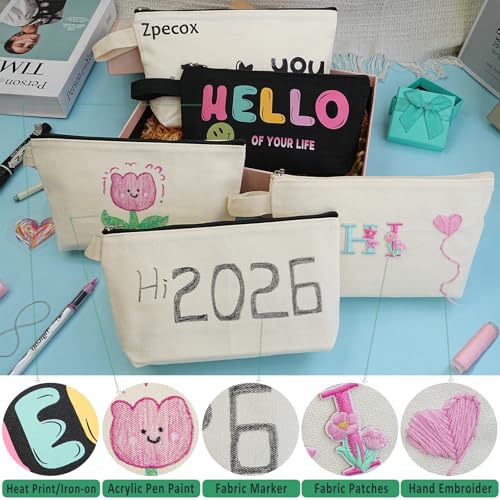 Zpecox Makeup Bag - Beige Canvas Zipper Pouch, 10.24" x 5.5" x 2.1" - Pack of 12