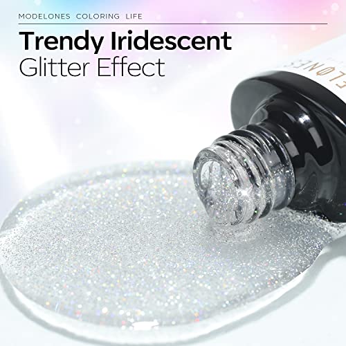 Modelones Iridescent Silver Glitter Gel Top Coat - 15ml No Wipe Shiny Finish