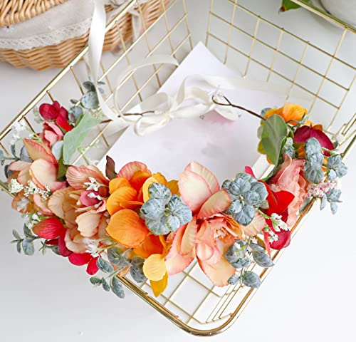 LLinfflr Adjustable Floral Halo Headband for Weddings and Parties - Orange, W Variant