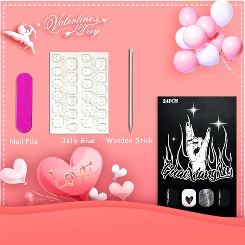 Vopintpy Valentines Press on Nails 1940 - Short Square Silver Glitter Fake Nails for Women, Romantic DIY Manicure
