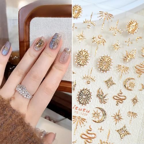 Gold 5D Nail Art Stickers - Star & Moon Design Self-Adhesive Decals