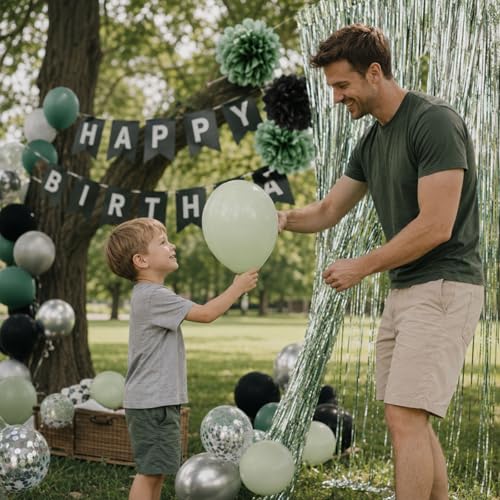 Sage Green & Black Happy Birthday Party Decorations Set - Banner, Balloons, Pom Poms & Curtain