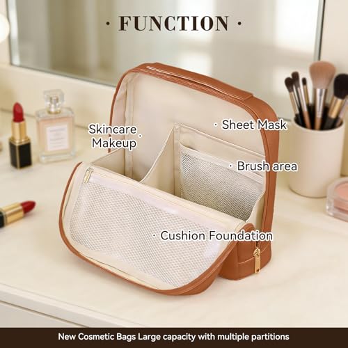 XMDRISH Magnetic Standing Large Capacity Travel Cosmetic Bag - Brown