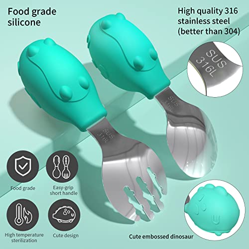 Deejoy Toddler Stainless Steel Spoon and Fork Set with Case - Green