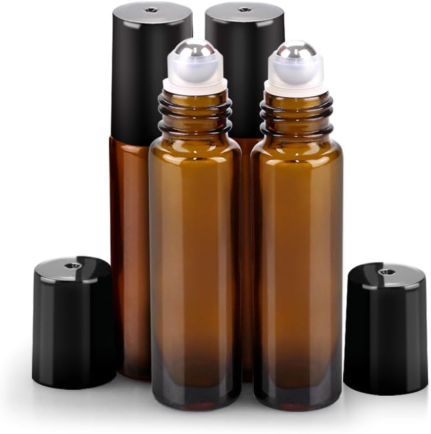 Essential Oil Roller Bottles - 4 Pack 10ml Amber Glass with Stainless Steel Caps | Travel Perfume & Lip Gloss
