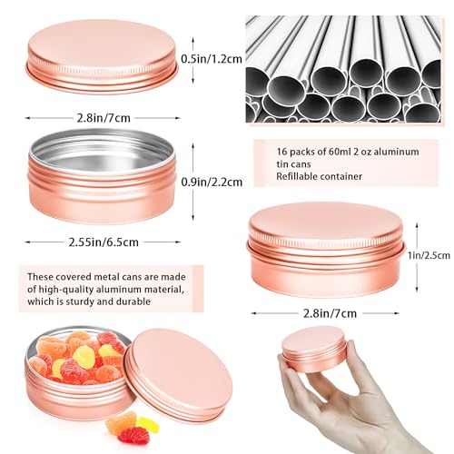 MotBach Rose Gold 16-Pack 2oz Aluminum Tin Jars with Screw Lids for Cosmetics & DIY