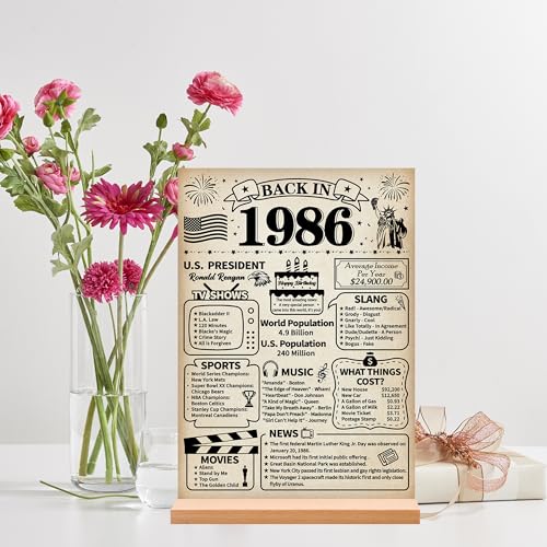 40th Birthday Decorations - Retro 1986 Acrylic Centerpiece with Stand