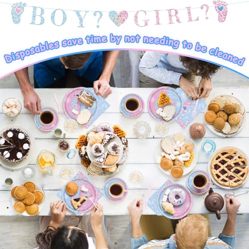 97 Pcs Gender Reveal Party Supplies Set for 24 Guests - Plates, Napkins, Forks & Banner