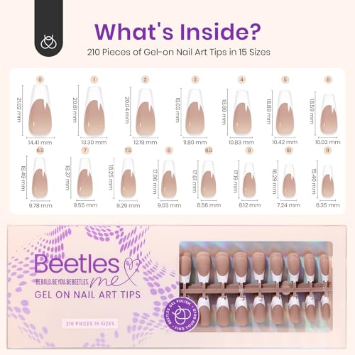 Beetles Short Coffin Press On Nails, Brown French Tip, 210 Pcs